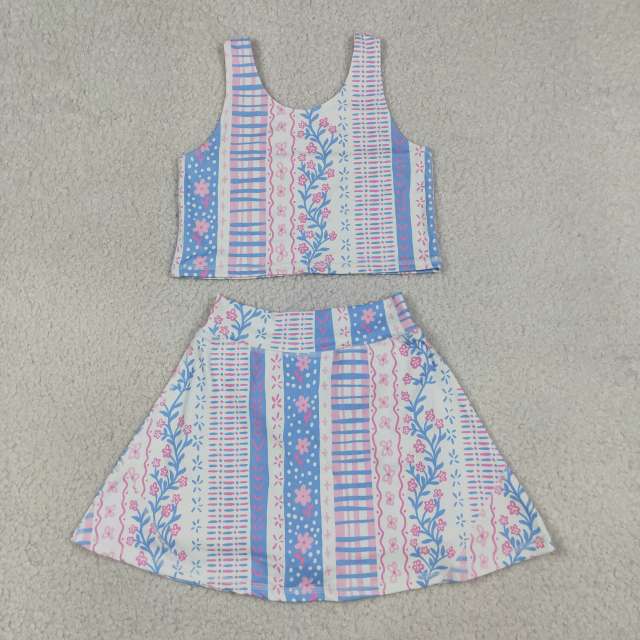 GSD1995 RTS pink Blue stripe flowers print active girl yoga  skirt dress