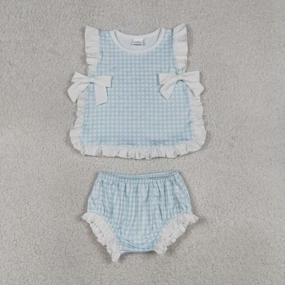 GBO0529  RTS Girl sky Blue plaid sleeveless girl bows  bummies