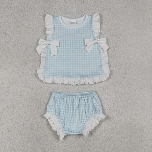 GBO0529  RTS Girl sky Blue plaid sleeveless girl bows  bummies