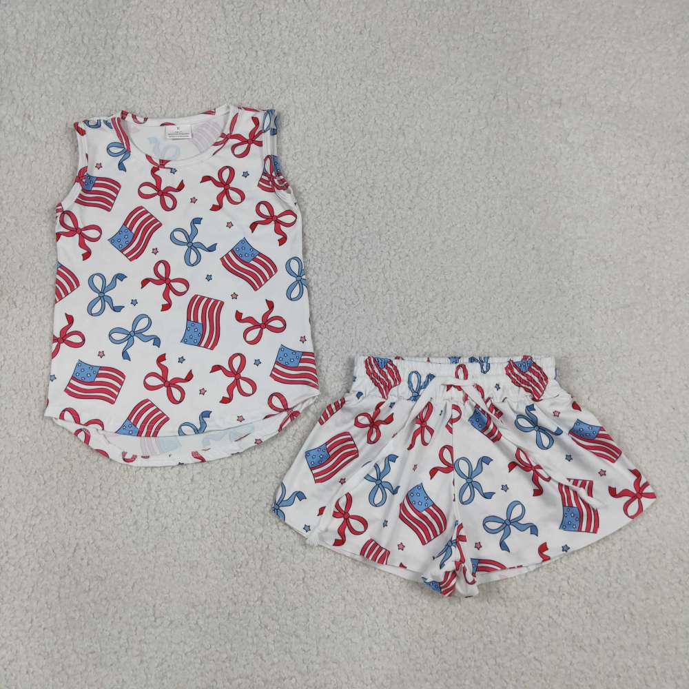 GSSO3520 Red blue Bows flag print sleeveless girl outfits