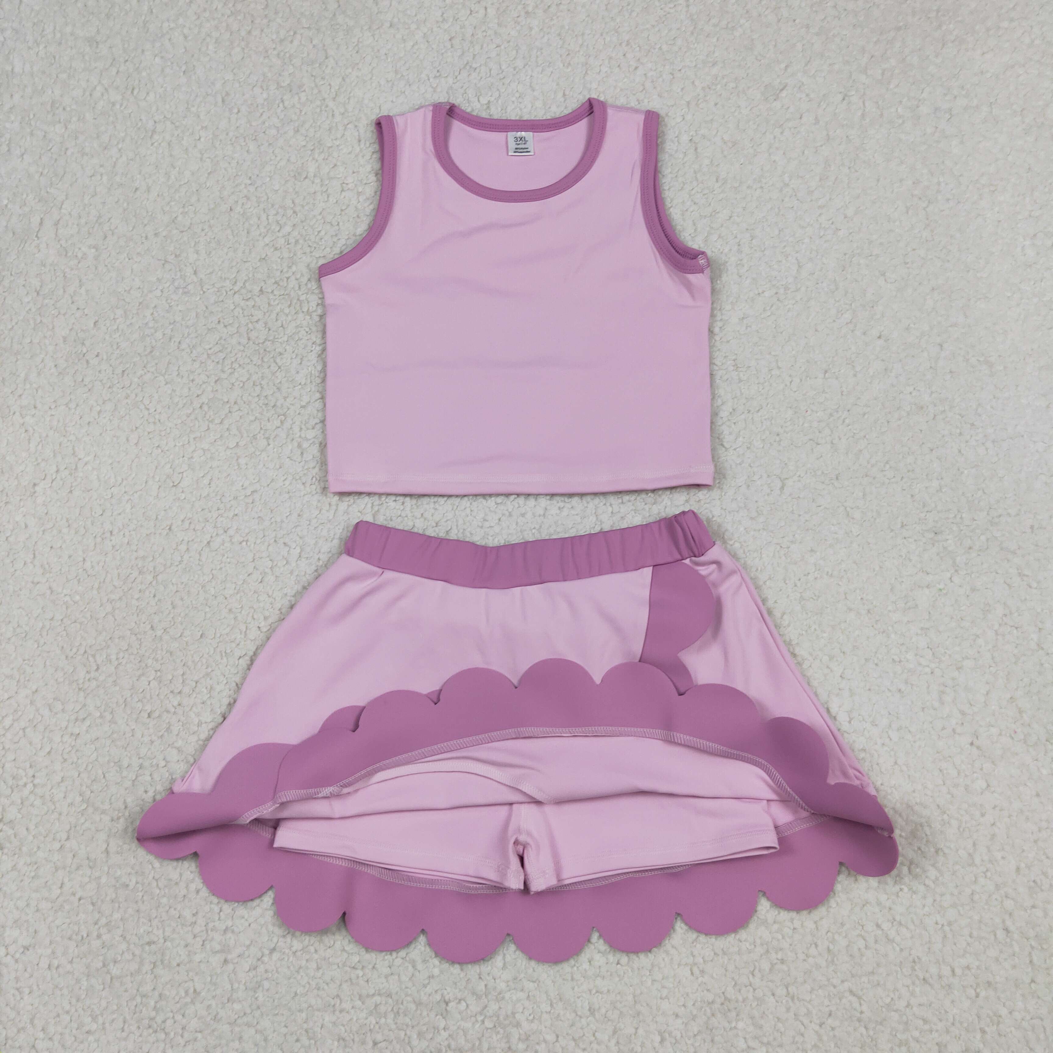 GSD4085 RTS Pink Purple print active girl yoga scallop skirt dress