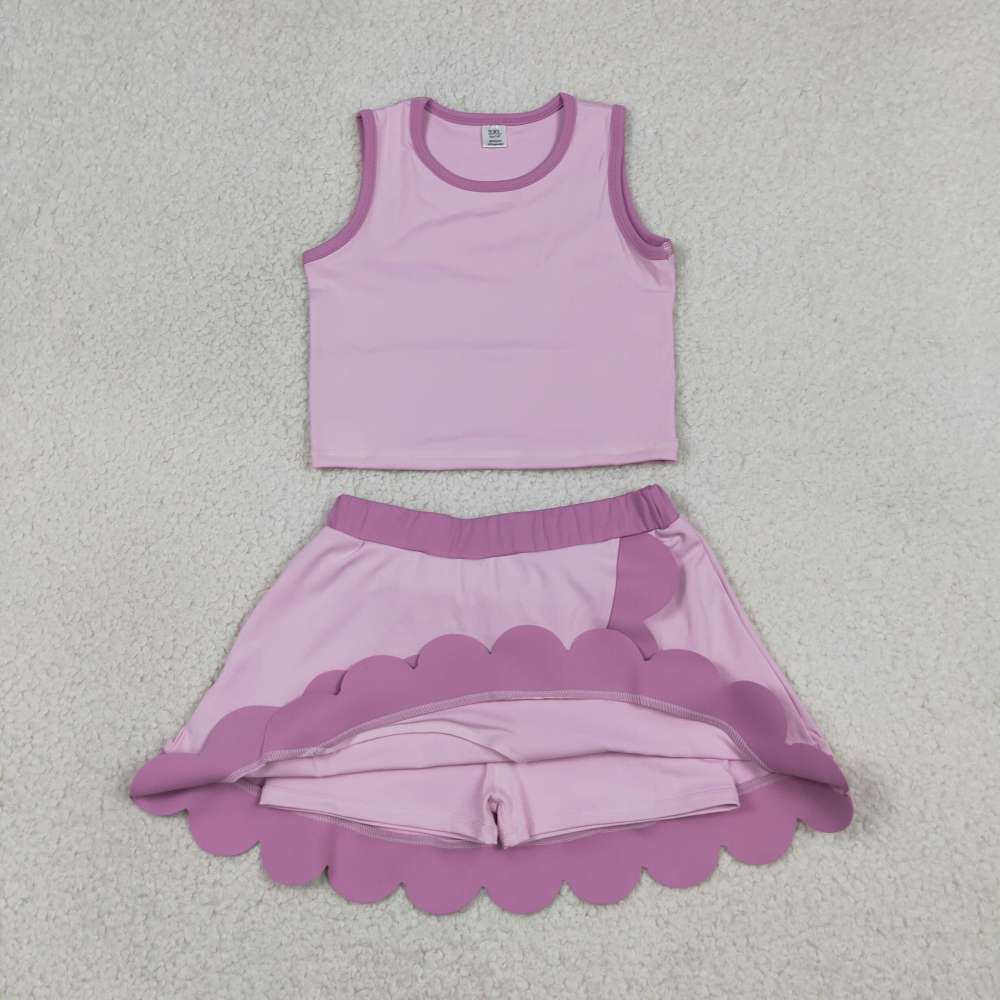GSD4085 RTS Pink Purple print active girl yoga scallop skirt dress