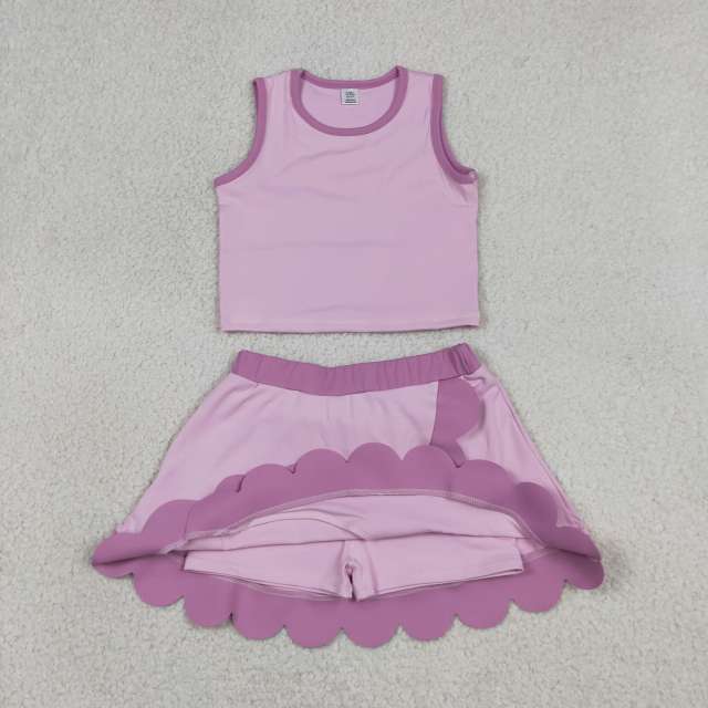 GSD4085 RTS Pink Purple print active girl yoga scallop skirt dress