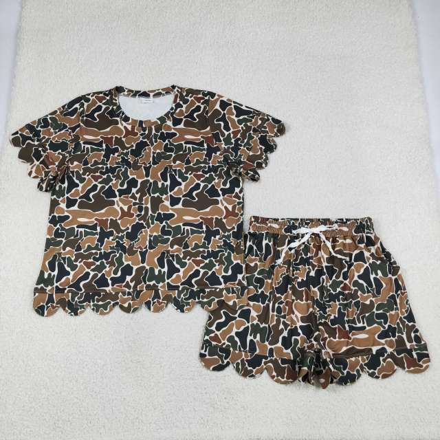GSSO3234 adult women  Brown camo Print Short sleeve  scallop outfits