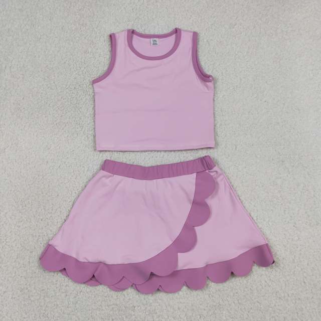 GSD4085 RTS Pink Purple print active girl yoga scallop skirt dress