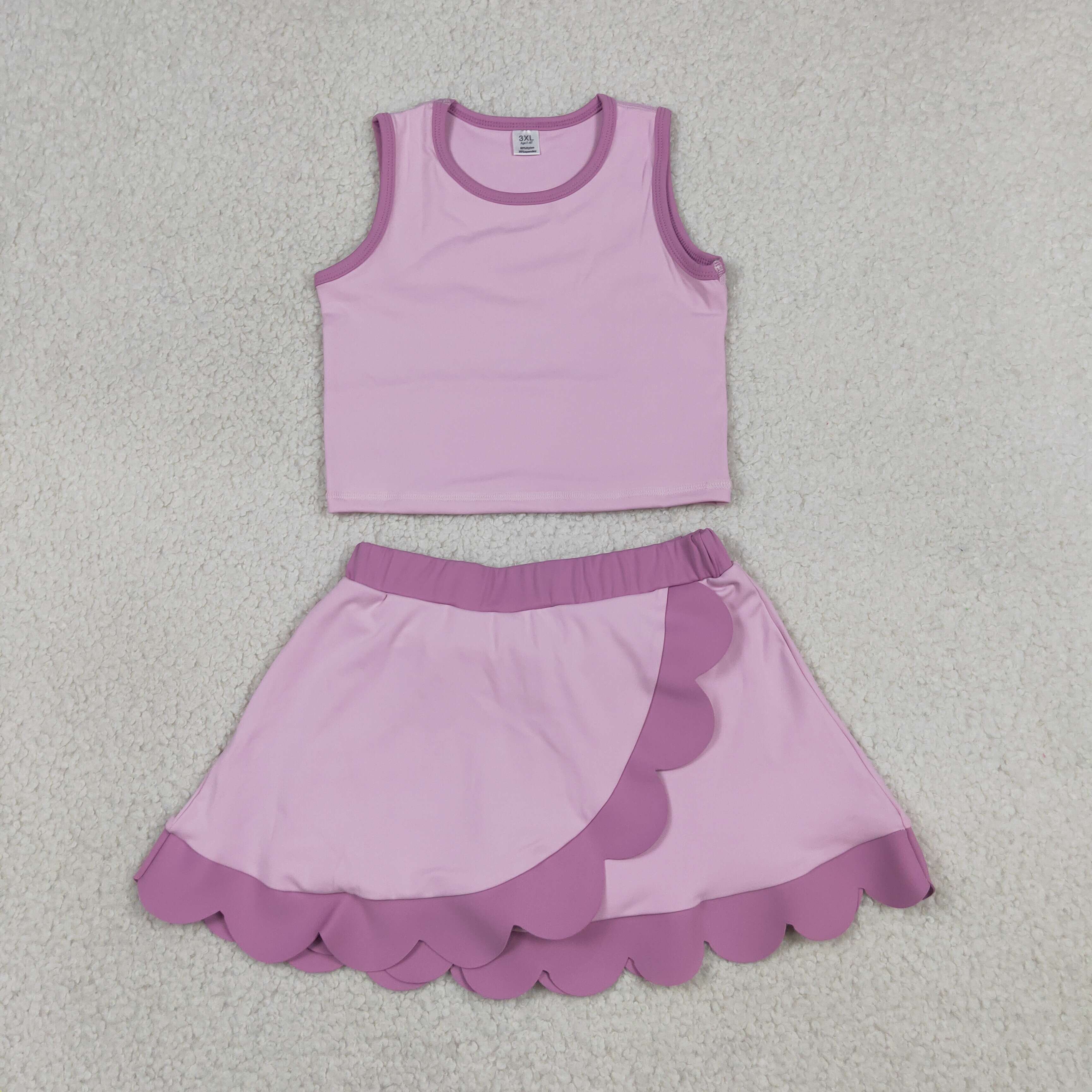 GSD4085 RTS Pink Purple print active girl yoga scallop skirt dress