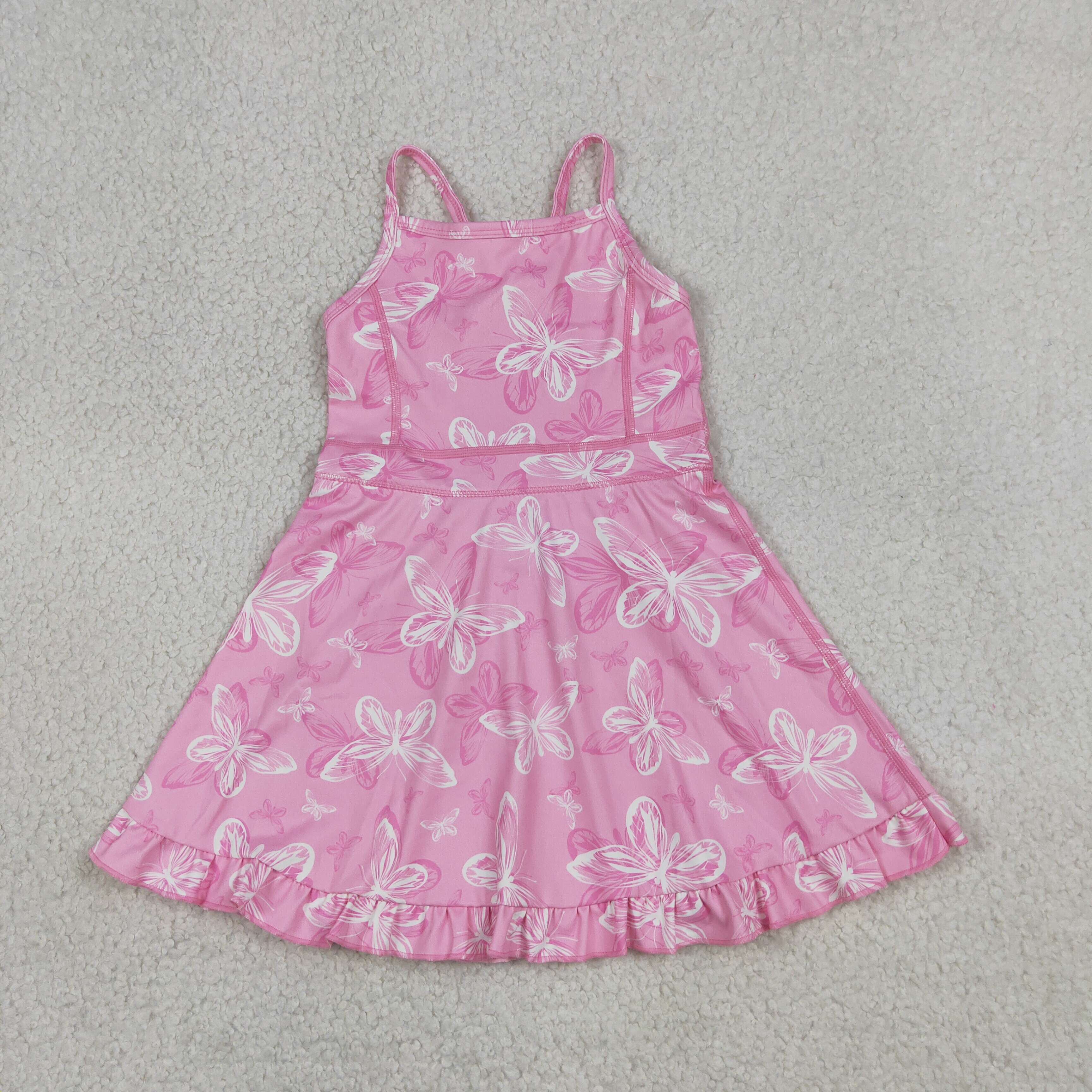 GSD2292  RTS Pink butterflies girl  summer athletic yoga dress