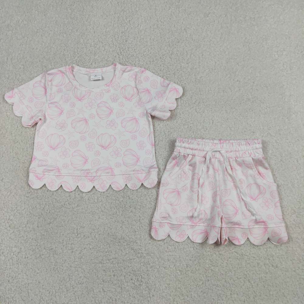 GSSO3729  Pink Sea star shell Print Short sleeve girl  SCALLOP  outfits