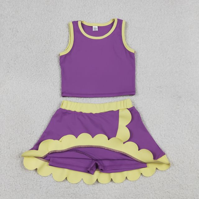 GSD4013 RTS Pink Blue print active girl yoga scallop skirt dress