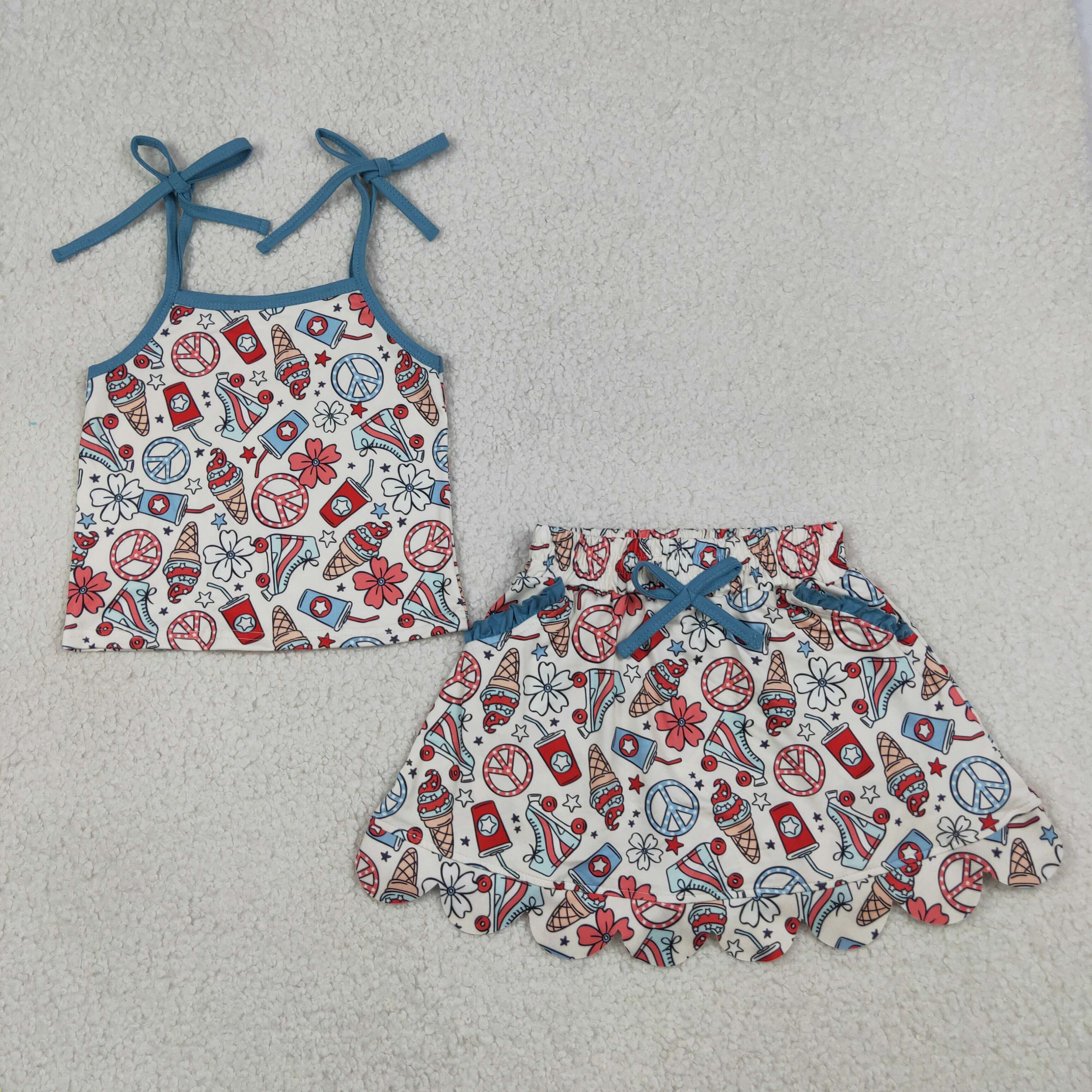 GSSO3827 4th of july ice scream flowers Print sleeveless girl  SCALLOP skirt  outfits