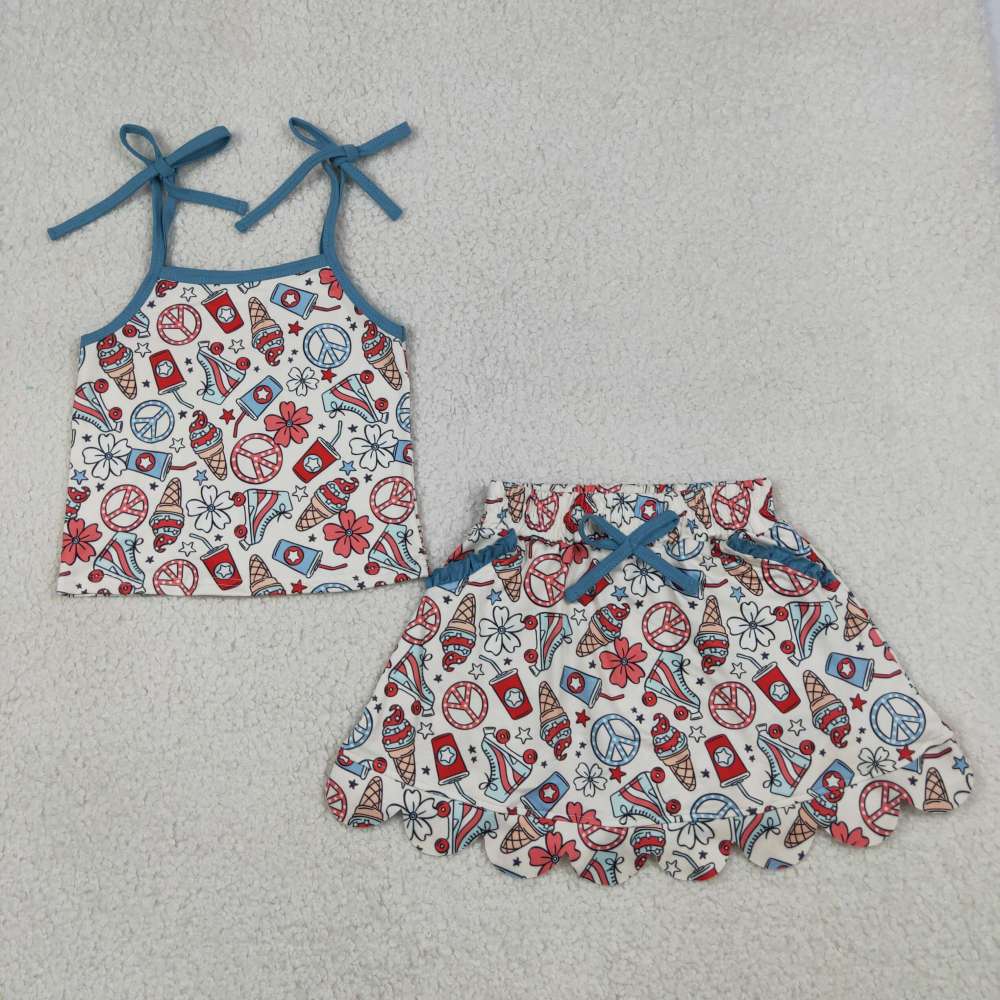 GSSO3827 4th of july ice scream flowers Print sleeveless girl  SCALLOP skirt  outfits