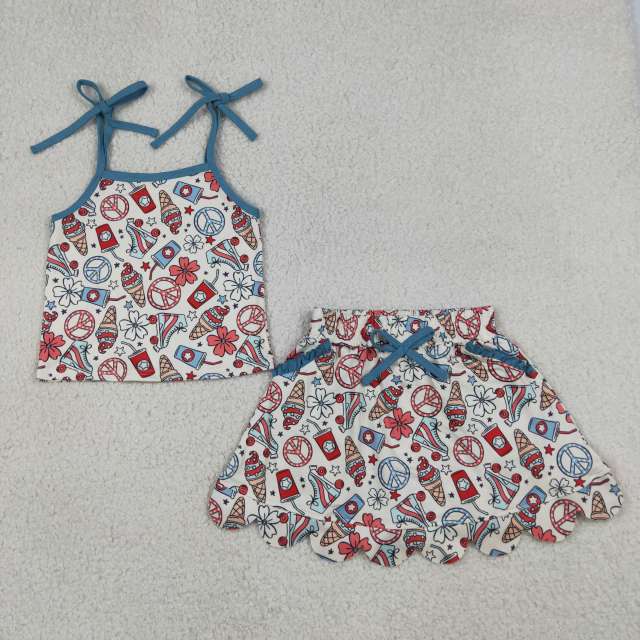 GSSO3827 4th of july ice scream flowers Print sleeveless girl  SCALLOP skirt  outfits