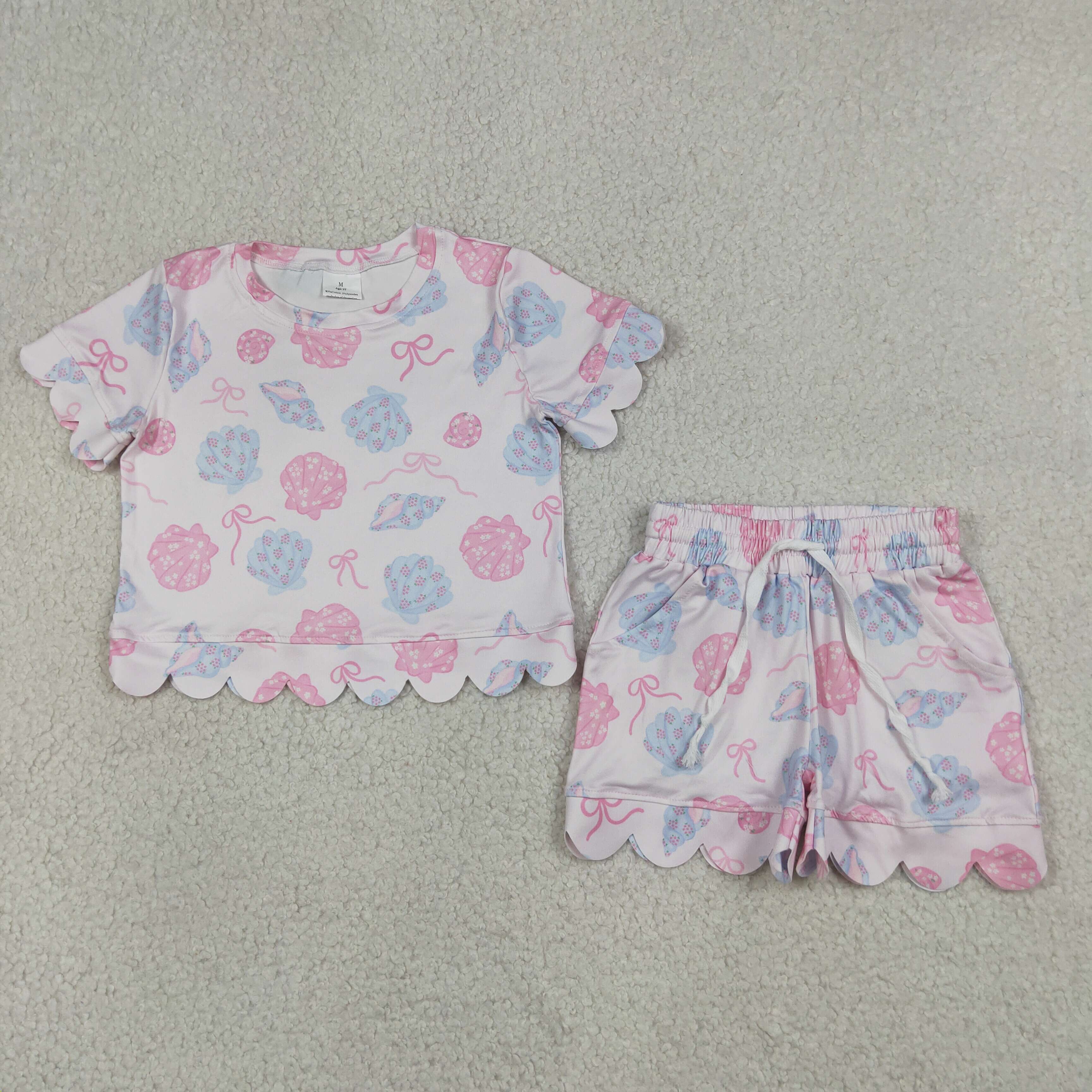 GSSO3731  Pink Blue bows Sea star shell Print Short sleeve girl  SCALLOP  outfits