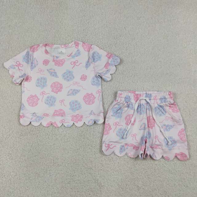 GSSO3731  Pink Blue bows Sea star shell Print Short sleeve girl  SCALLOP  outfits
