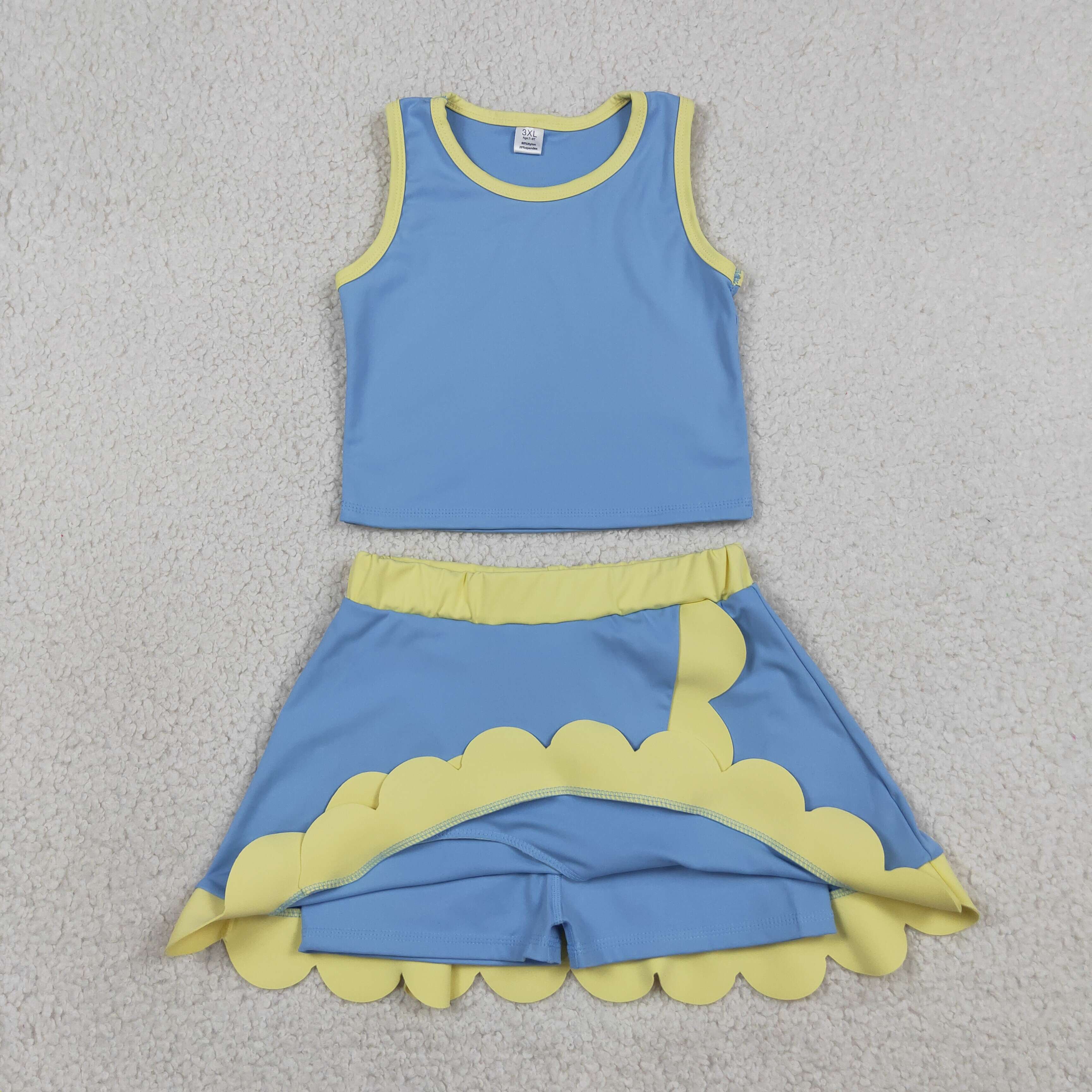 GSD4022  RTS Blue yellow  print active girl yoga scallop skirt dress