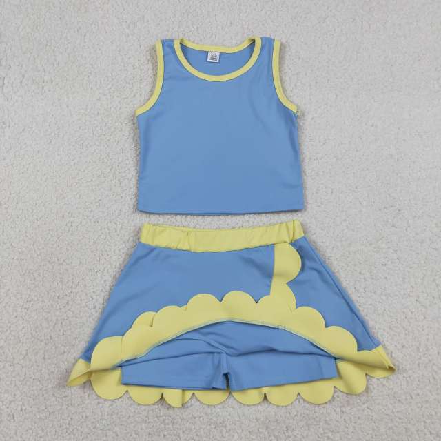 GSD4022  RTS Blue yellow  print active girl yoga scallop skirt dress