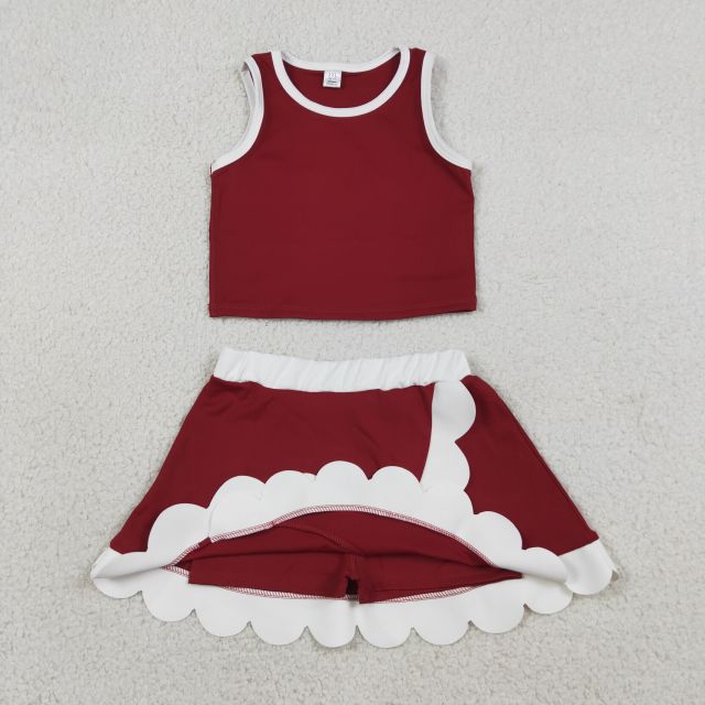 GSD4027 RTS Red white  print active girl yoga scallop skirt dress