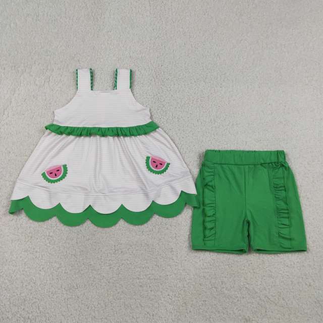 GSSO3164  Pink white stripe watermelon embroidery sleeveless girl  SCALLOP outfits