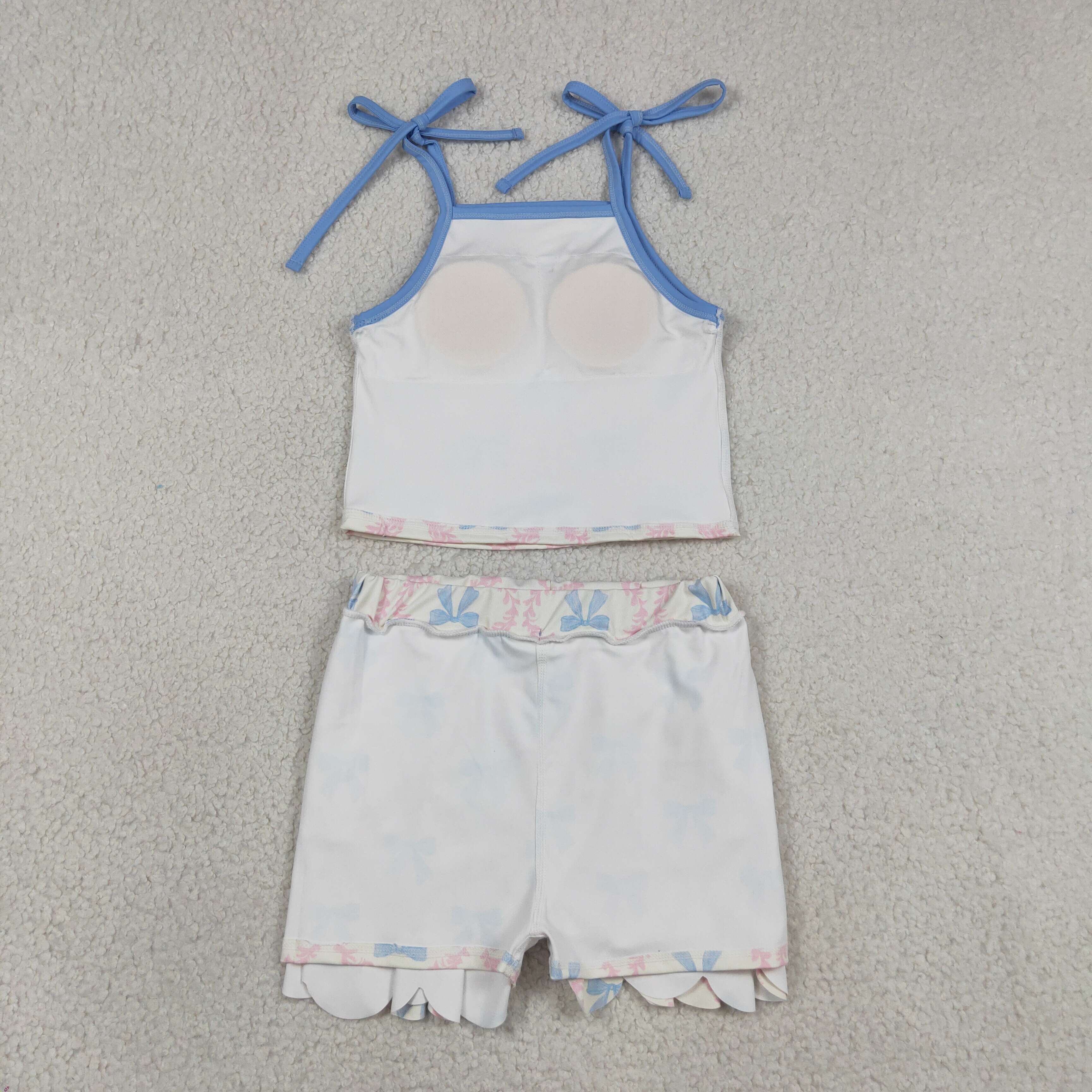 GSSO3727  Pink flowers blue bows Print sleeveless girl  SCALLOP skirt  outfits