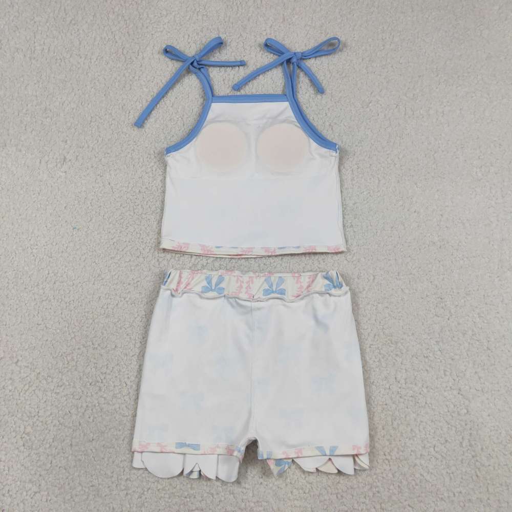 GSSO3727  Pink flowers blue bows Print sleeveless girl  SCALLOP skirt  outfits
