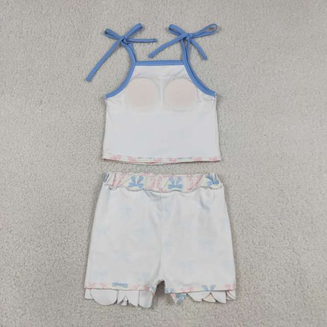 GSSO3727  Pink flowers blue bows Print sleeveless girl  SCALLOP skirt  outfits