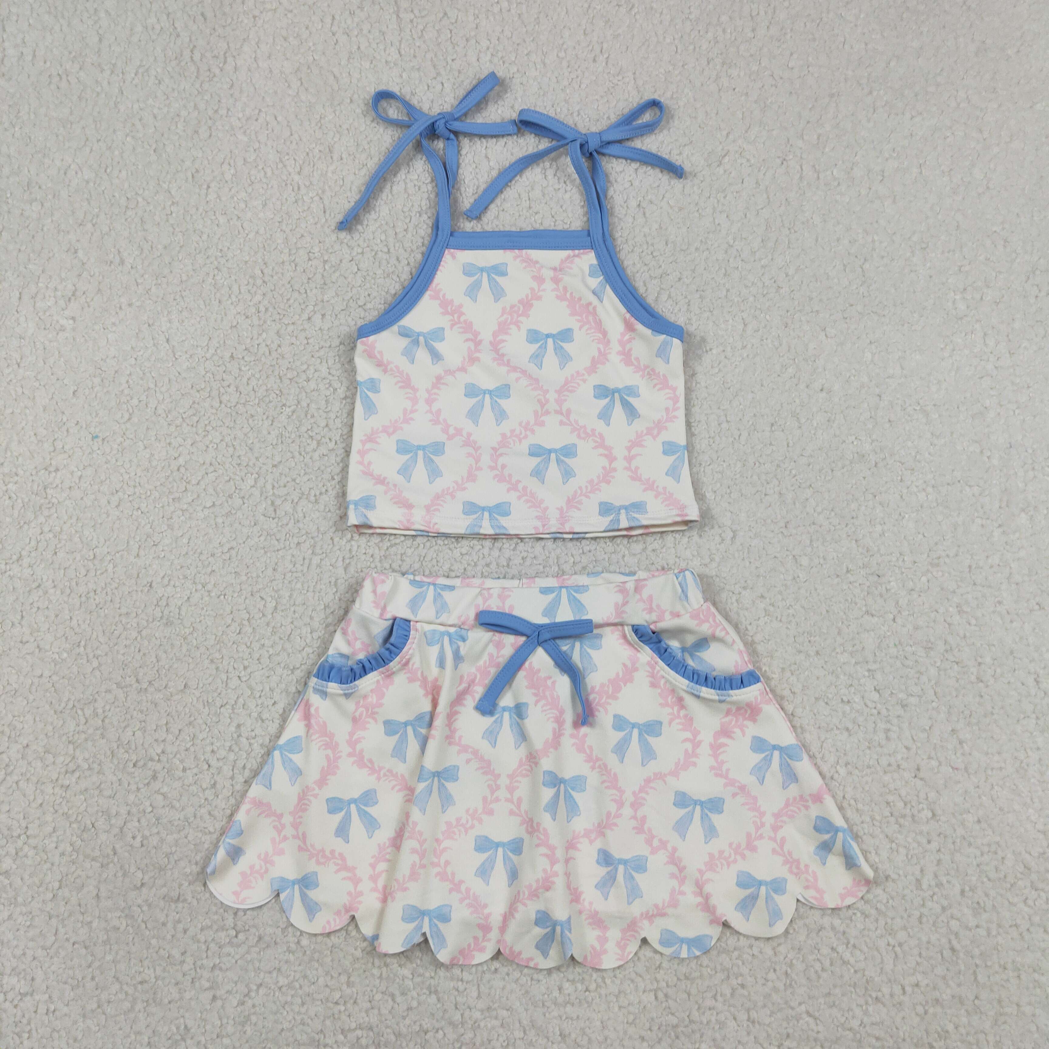 GSSO3727  Pink flowers blue bows Print sleeveless girl  SCALLOP skirt  outfits