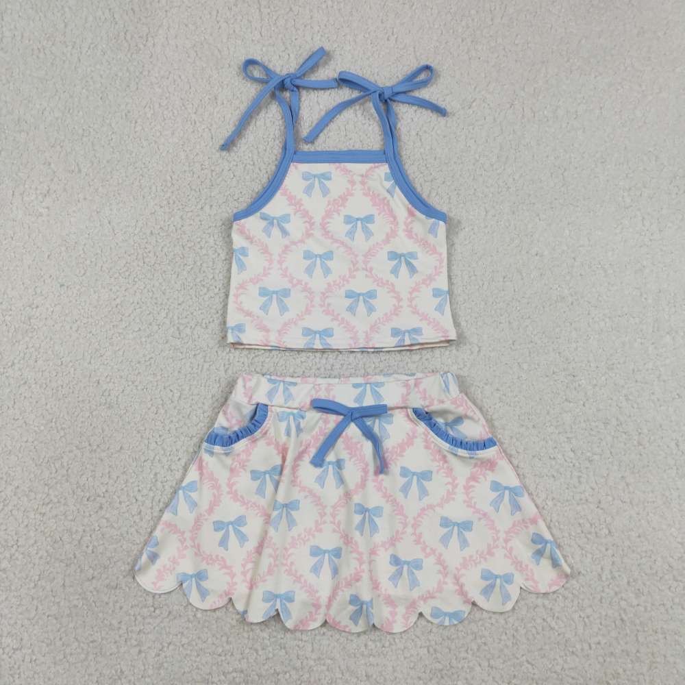 GSSO3727  Pink flowers blue bows Print sleeveless girl  SCALLOP skirt  outfits