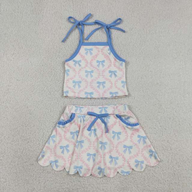 GSSO3727  Pink flowers blue bows Print sleeveless girl  SCALLOP skirt  outfits