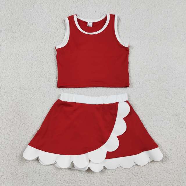 GSD4016 RTS Red white  print active girl yoga scallop skirt dress