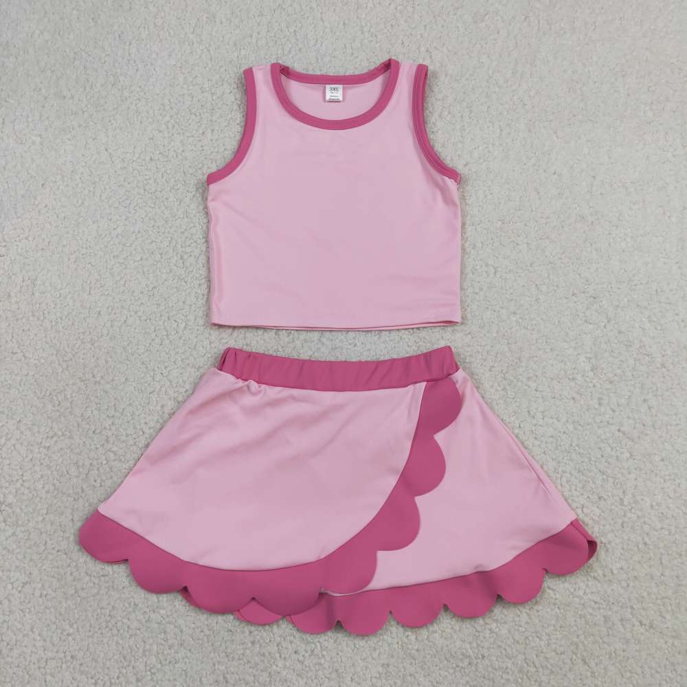 GSD4019  RTS PINK   print active girl yoga scallop skirt dress