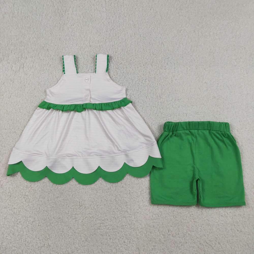 GSSO3164  Pink white stripe watermelon embroidery sleeveless girl  SCALLOP outfits