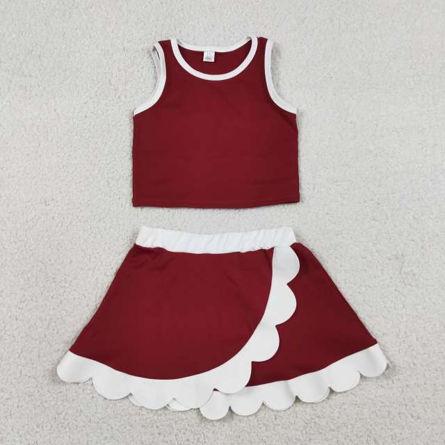 GSD4027 RTS Red white  print active girl yoga scallop skirt dress