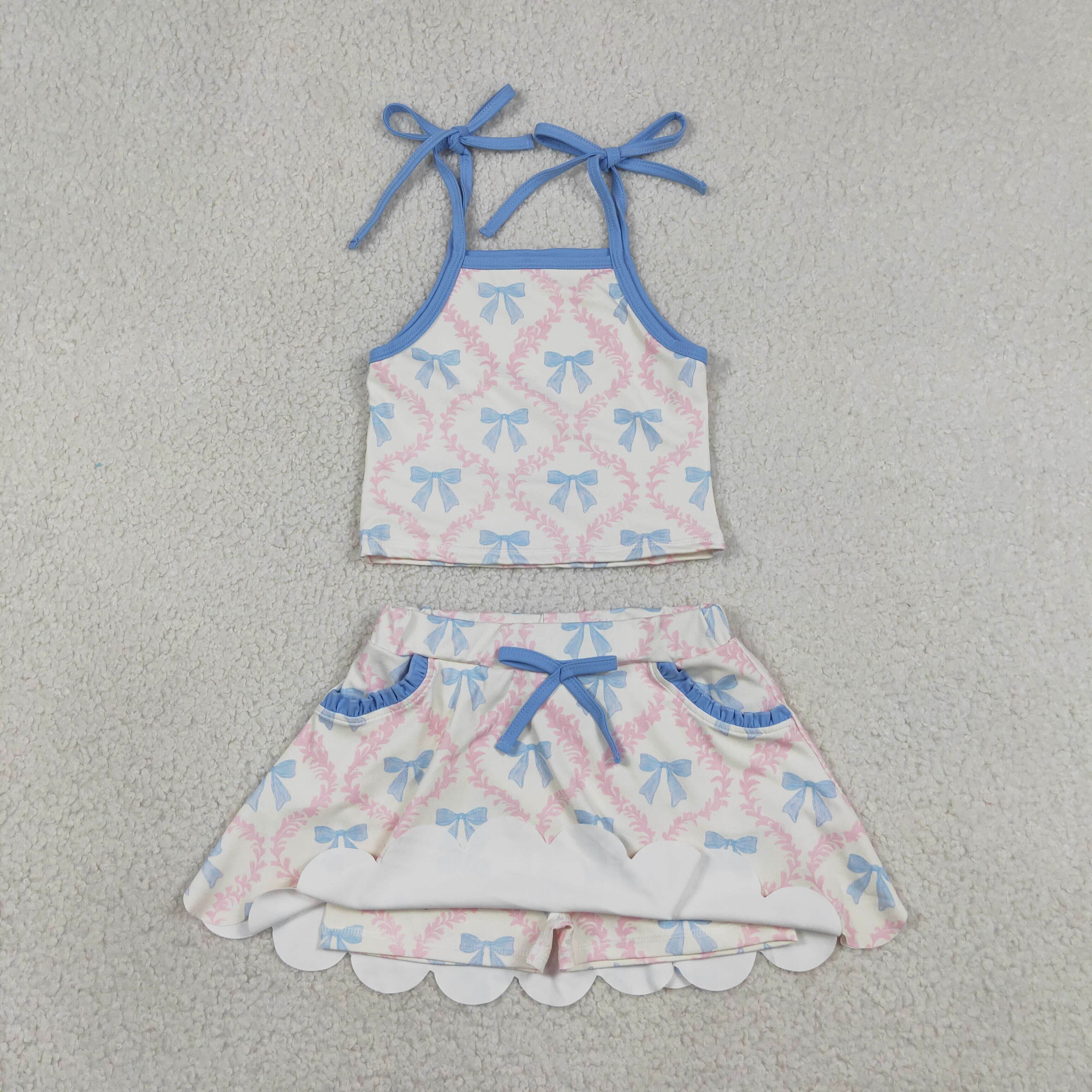 GSSO3727  Pink flowers blue bows Print sleeveless girl  SCALLOP skirt  outfits