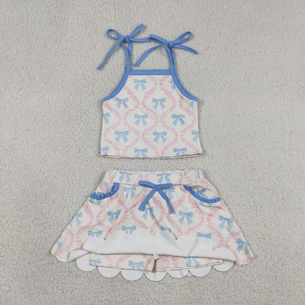 GSSO3727  Pink flowers blue bows Print sleeveless girl  SCALLOP skirt  outfits