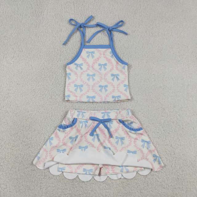 GSSO3727  Pink flowers blue bows Print sleeveless girl  SCALLOP skirt  outfits