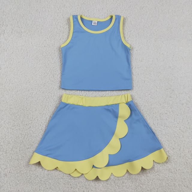 GSD4022  RTS Blue yellow  print active girl yoga scallop skirt dress