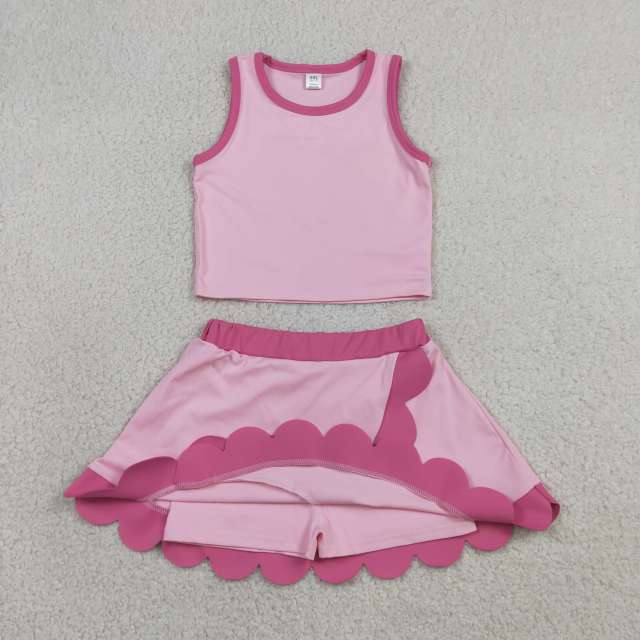 GSD4019  RTS PINK   print active girl yoga scallop skirt dress