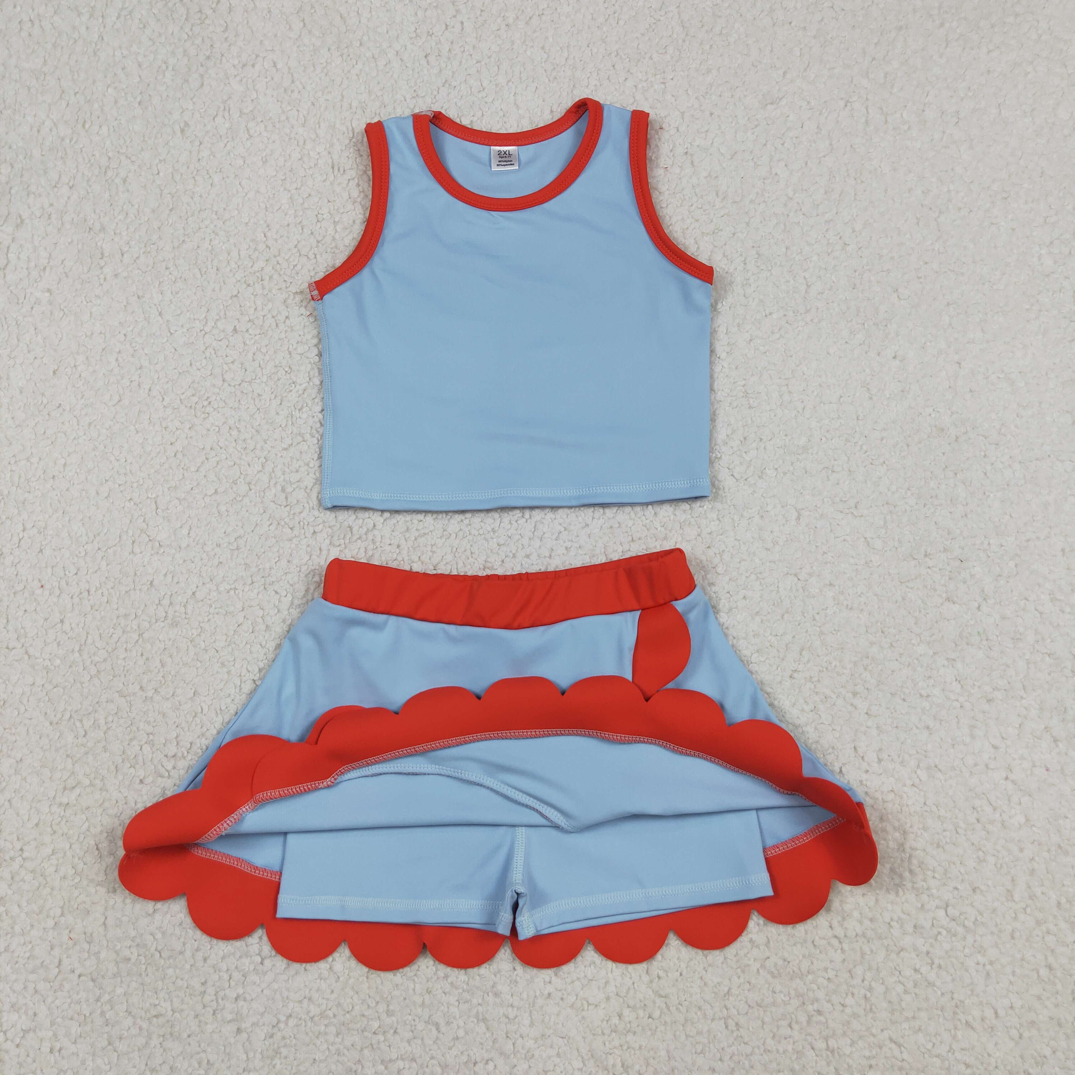 GSD4020  RTS Blue red print active girl yoga scallop skirt dress