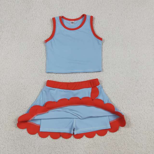 GSD4020  RTS Blue red print active girl yoga scallop skirt dress