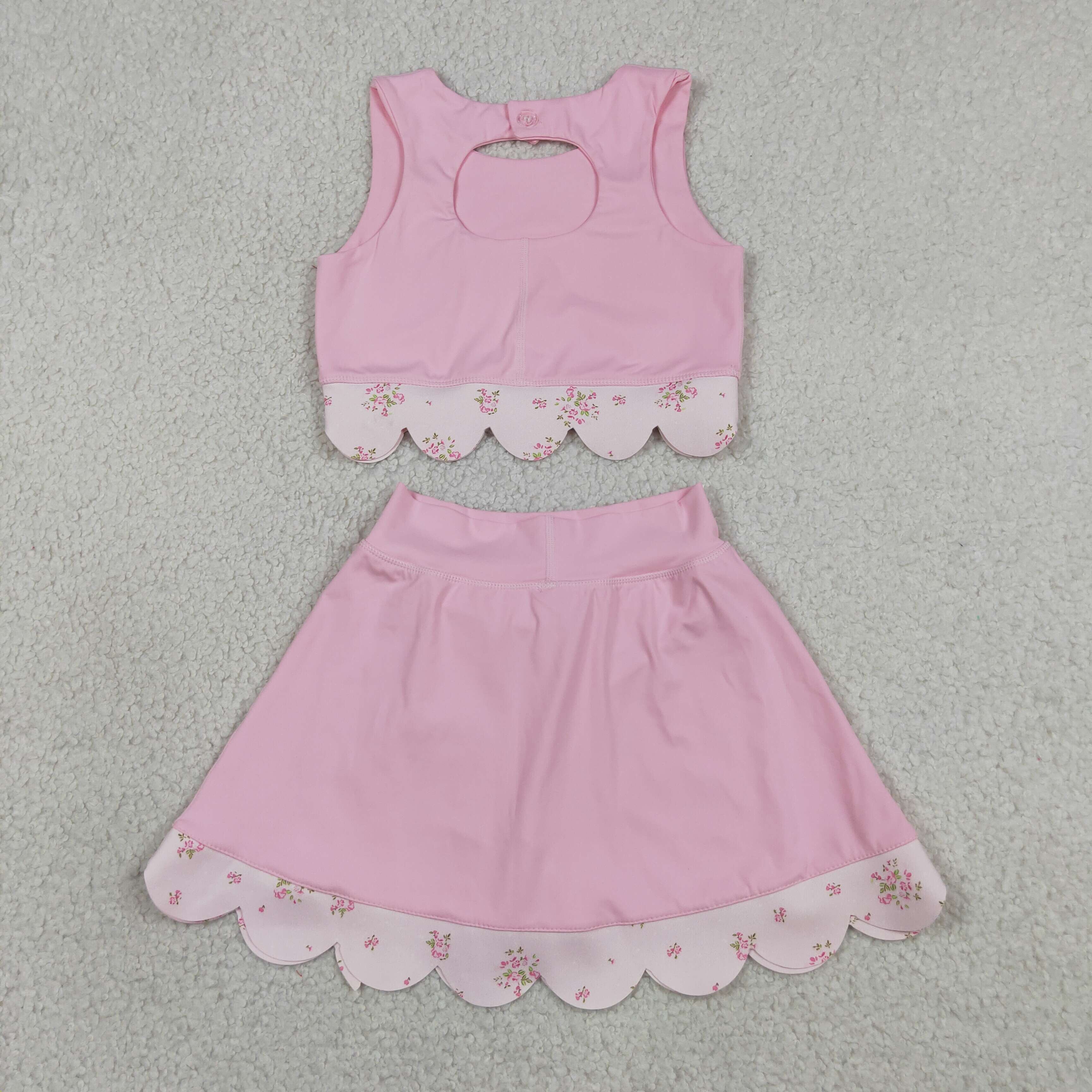 GSD3321   RTS  PINK solid flowers print active girl yoga scallop skirt dress