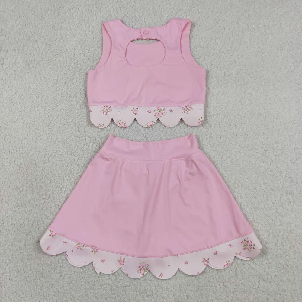 GSD3321   RTS  PINK solid flowers print active girl yoga scallop skirt dress
