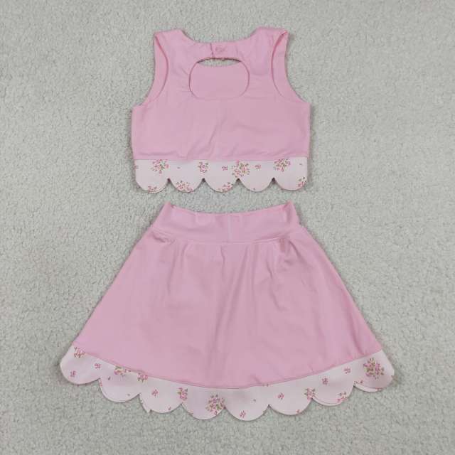 GSD3321   RTS  PINK solid flowers print active girl yoga scallop skirt dress