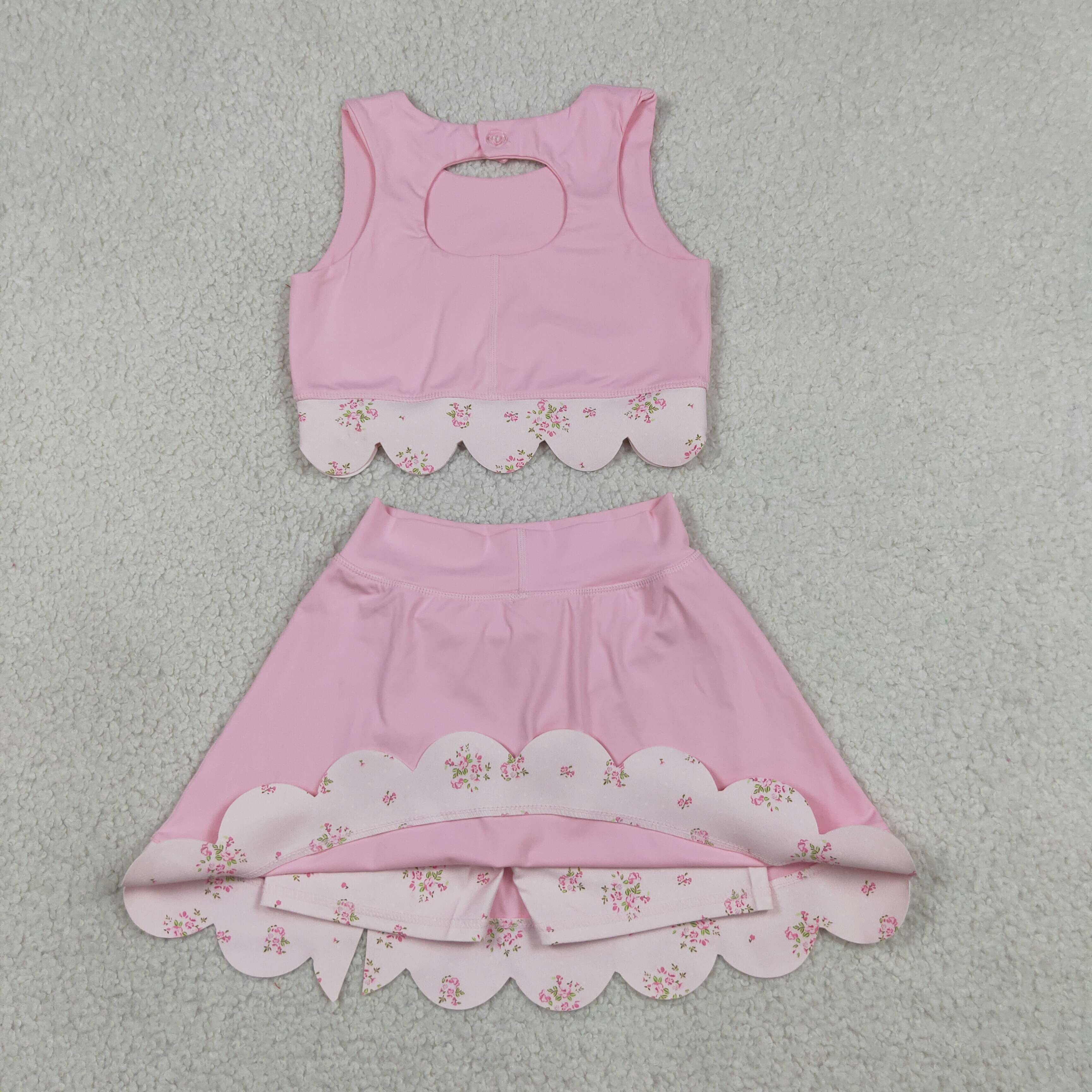 GSD3321   RTS  PINK solid flowers print active girl yoga scallop skirt dress