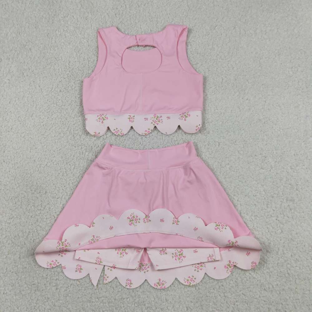 GSD3321   RTS  PINK solid flowers print active girl yoga scallop skirt dress
