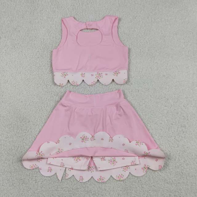 GSD3321   RTS  PINK solid flowers print active girl yoga scallop skirt dress