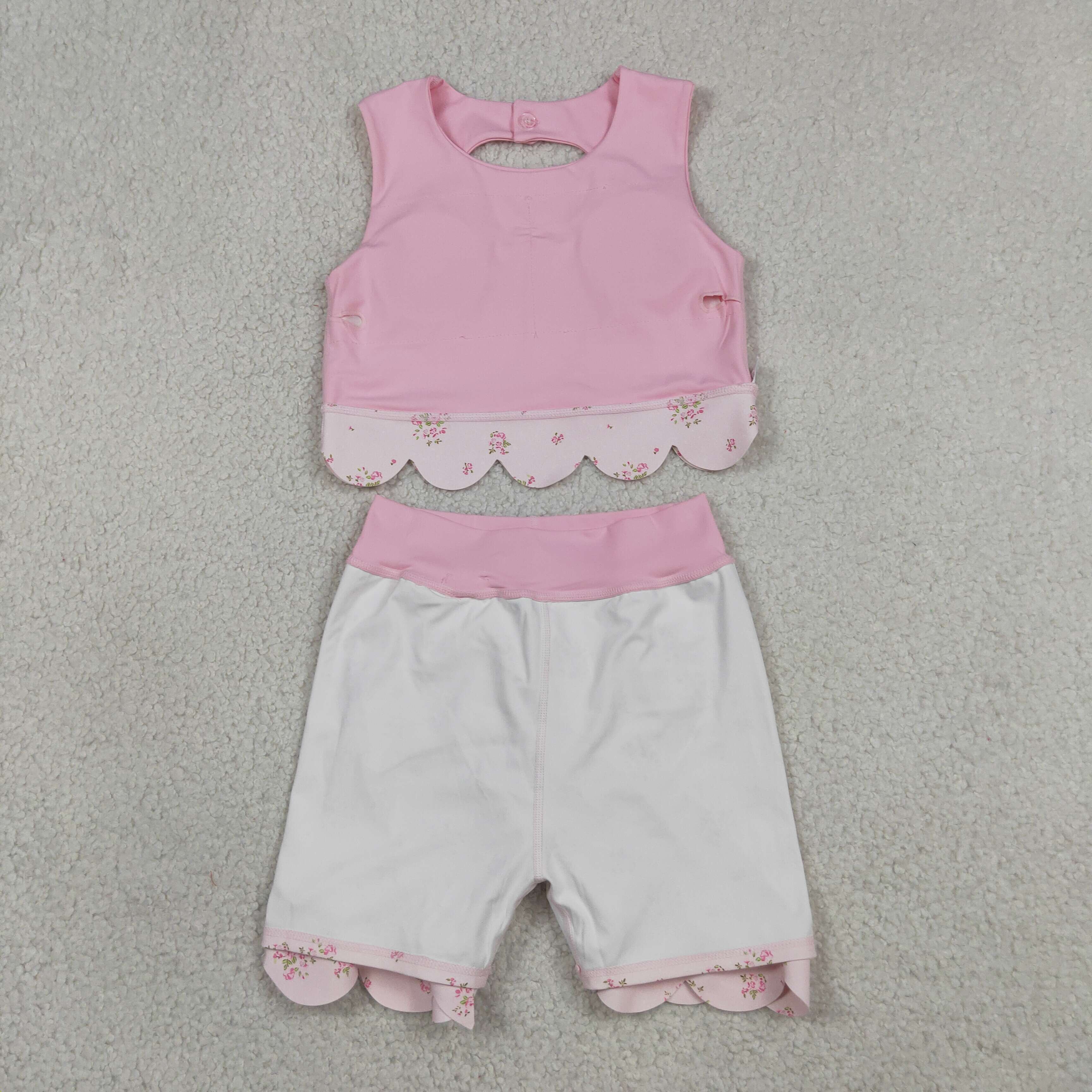 GSD3321   RTS  PINK solid flowers print active girl yoga scallop skirt dress