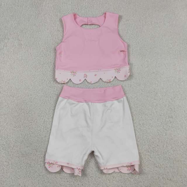 GSD3321   RTS  PINK solid flowers print active girl yoga scallop skirt dress