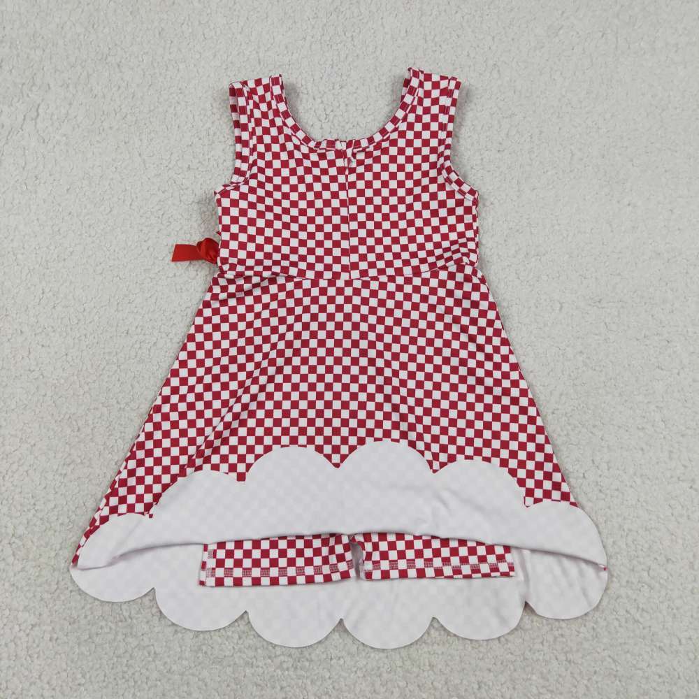 GSD3669  red white plaid print active girl yoga scallop dress