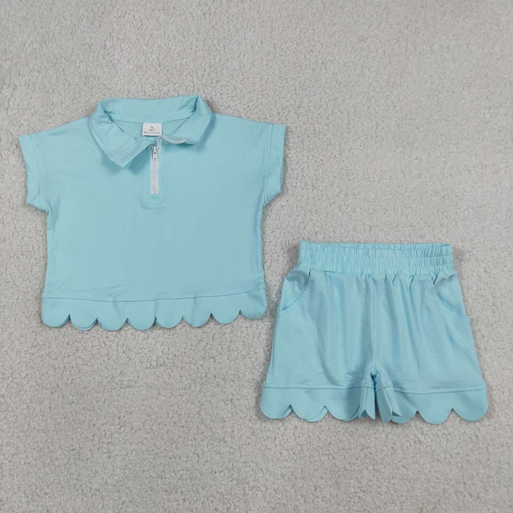 GSSO3576 Sky Blue solid short sleeve girl Scallop outfits