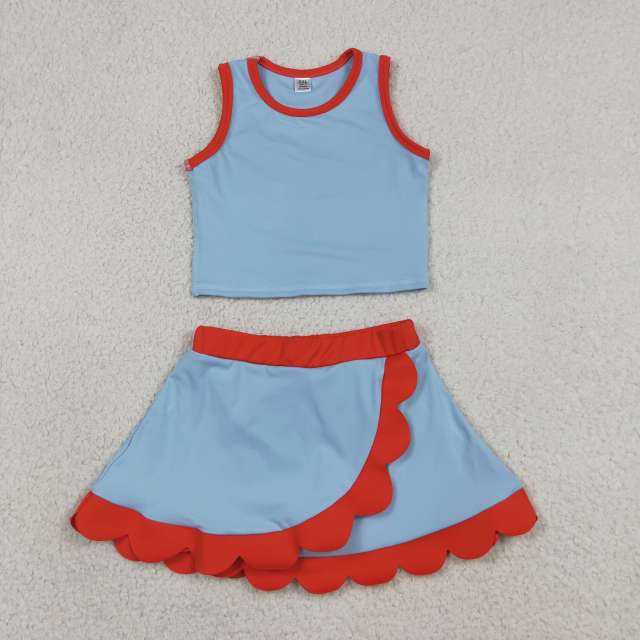GSD4020  RTS Blue red print active girl yoga scallop skirt dress